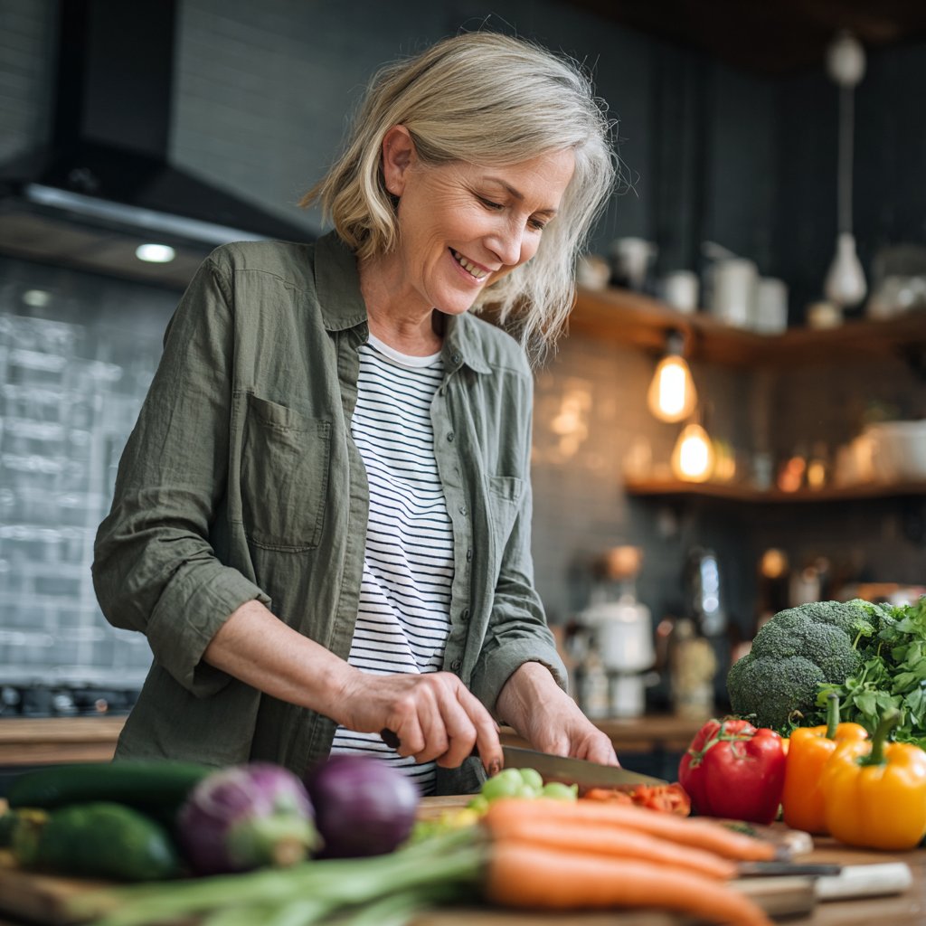 Middle-aged woman preparing fresh vegetables in a modern kitchen, smiling while organizing colorful ingredients