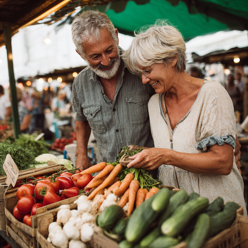 Senior couple shopping for organic vegetables at farmers market, both smiling and examining fresh produce together